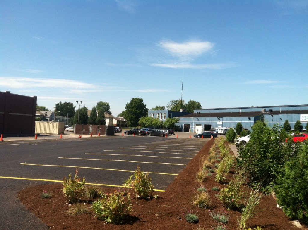 View of Onondaga Commons, Former AAA Building Greenspace in Foreground with Porous Asphalt in Background